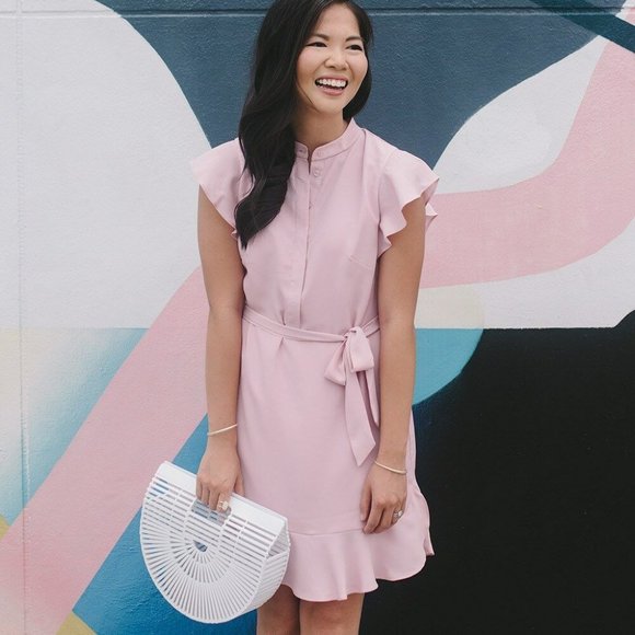 Ann Taylor Pink Nectar Flutter Ruffle Belted Shirt - Picture 3 of 8